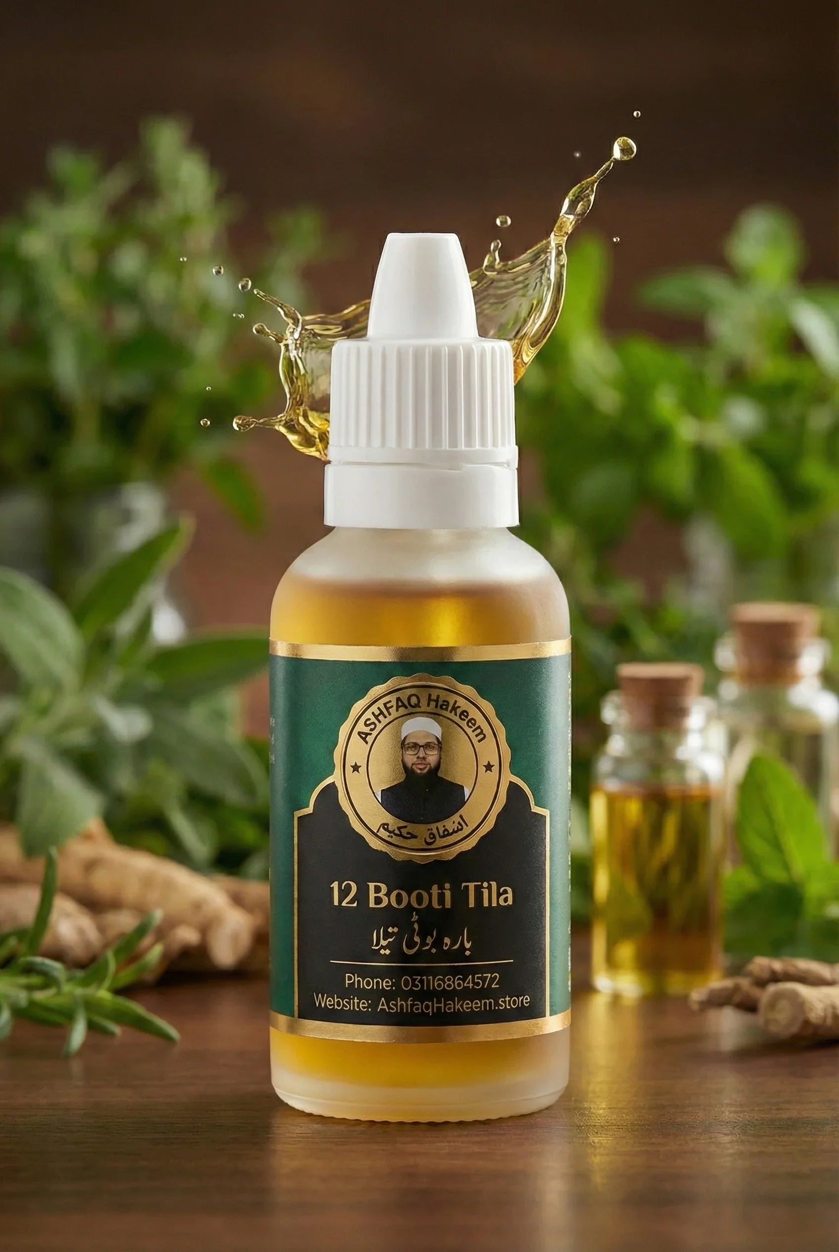 ASHFAQ Hakeem 12 Booti Tila herbal oil bottle with splash, surrounded by natural herbs