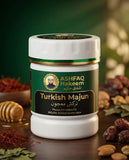 ASHFAQ Hakeem Turkish Majun herbal supplement jar with honey, dates, and spices on table