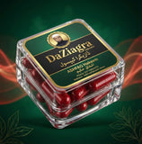 DaZiagra capsules glass container, ASHFAQ Hakeem branding, red pills, green background