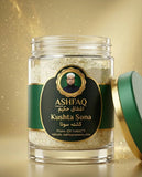 ASHFAQ Hakeem Kushta Sona herbal powder jar with green and gold label on gold background